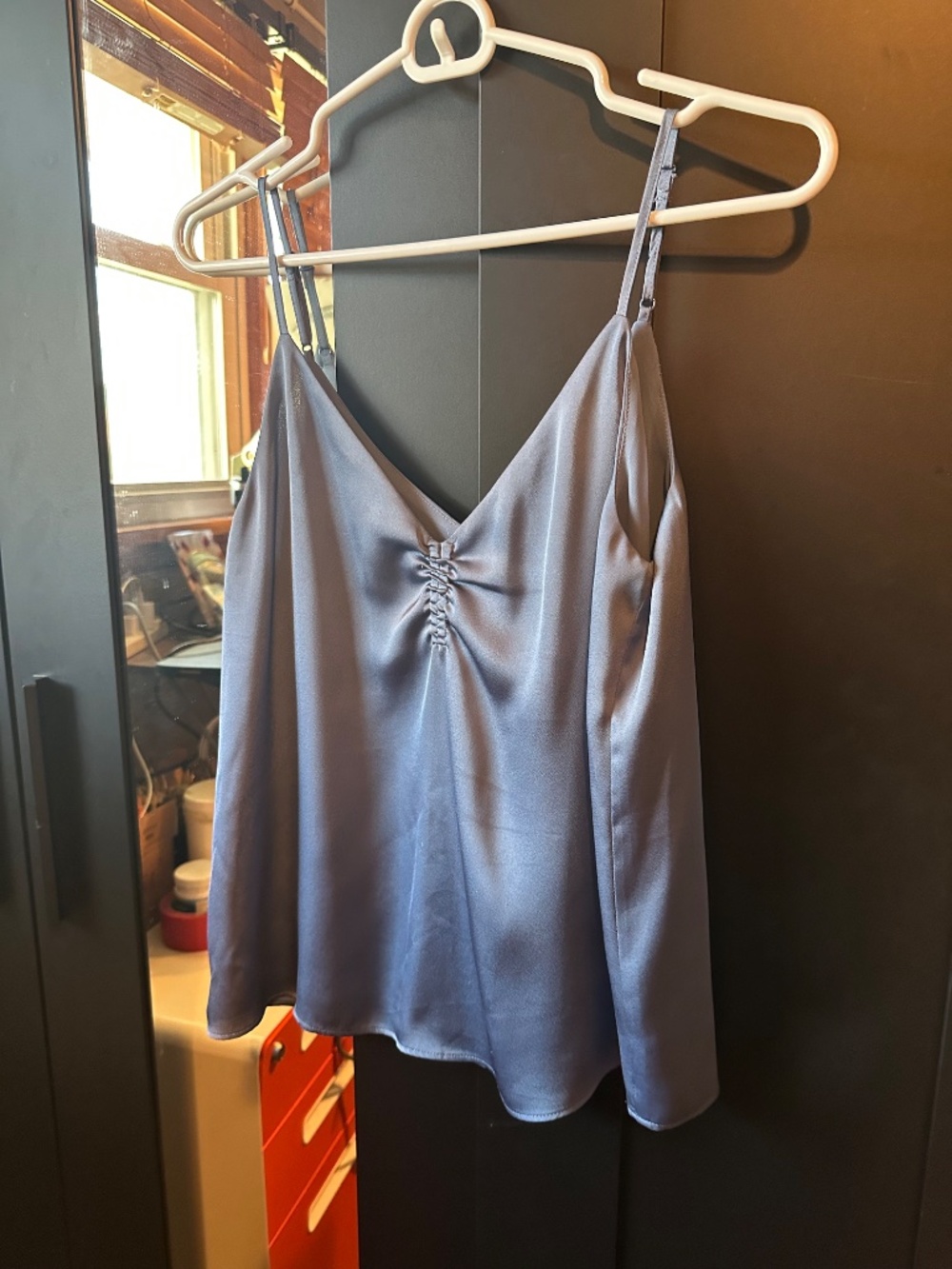Express XS Slate Blue Satin Ruched V Neck Cami Y2K